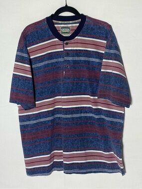 Vintage 90s Northern Elements Blue Burgundy Striped T Shirt XL Dadcore Indie